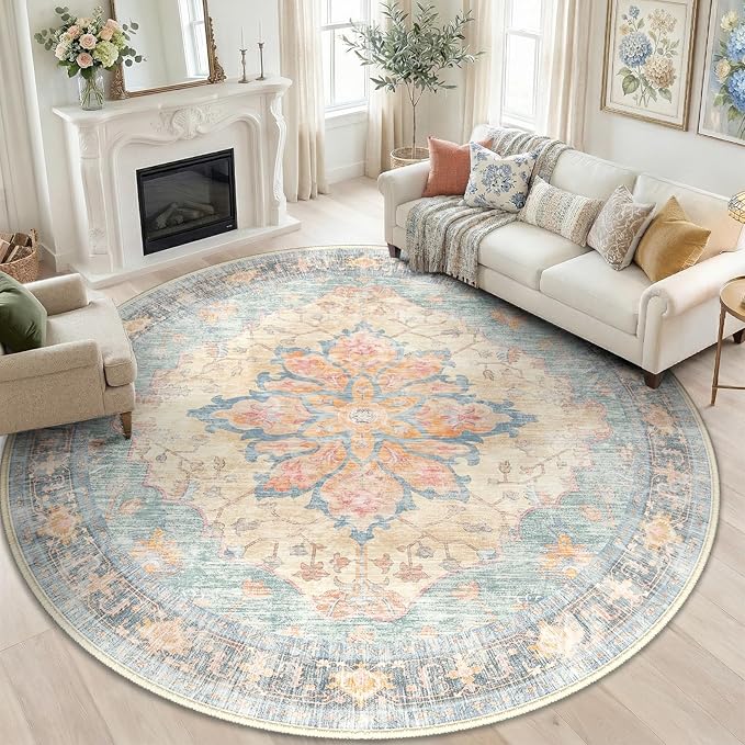 RELEANY Washable Area Rug, Round 6ft, Blue/Orange/Red | Non-Slip, Water Repellent, Pet Friendly, Easy to Clean, Vintage Floral Boho Decor for Living Room Bedroom Dining Room