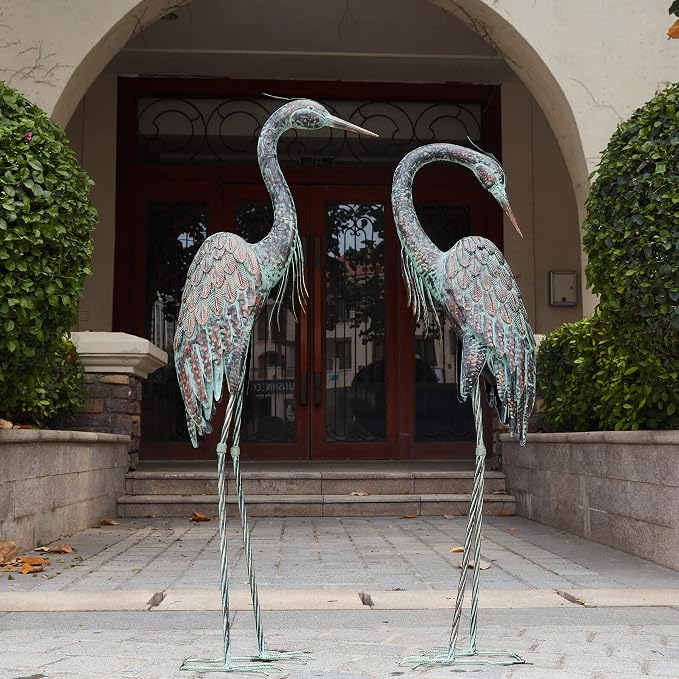 Kircust Garden Crane Statues, Standing Metal Patina Heron Decoy Weather-Resistant and Rustless Outdoor Statue, 42-46 Inch Bird Yard Art for Patio Lawn Pond, Set of 2