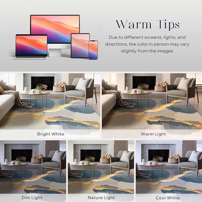 Phantoscope Washable Area Rug 5'x7' Non-Slip, Vintage Modern Boho Rugs for Living Room, Bedroom, Dining Room, Cloudscape Golden Horizon Pattern, Low-Pile Foldable Floor Carpet, Deep Grey/Gold