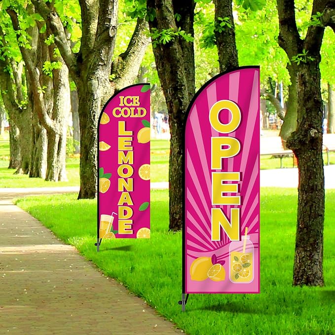 2 Sets Lemonade Feather Flag for Business Advertising 7 FT Summer Lemonade Swooper Flag Sign with Pole Ground Stake Portable Bag Windless Welcome Open Banner for Outside Garden Business Store (Pink)