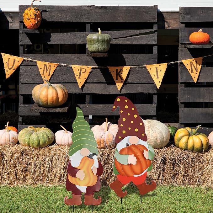 Fall Decorations for Home Outdoor, 2 Pack 25" Decorative Garden Stakes with Gnomes Pumpkin for Fall Decor, Metal Yard Signs for Outside Garden Lawn Porch Patio Thanksgiving Decorations