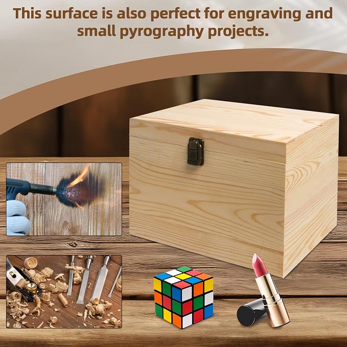 10x7x7-Inch Unfinished Wooden Box with Hinged Lid & Front Clasp for DIY Art Project Crafts Woodcraft Keepsake - Easy to Stain Paint Wood Burning