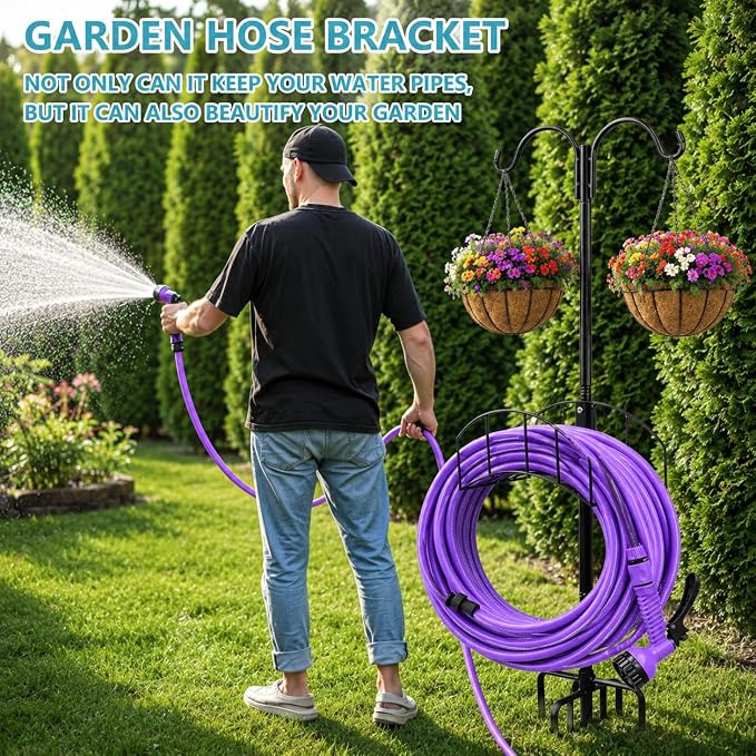 Garden Hose Holder 2 Pack with 7 Prong Base and Dual Shepherd Hooks | Water Hose Holders for 150 Feet Hose, Detachable Hose Storage Hanger for Outside Lawn Yard