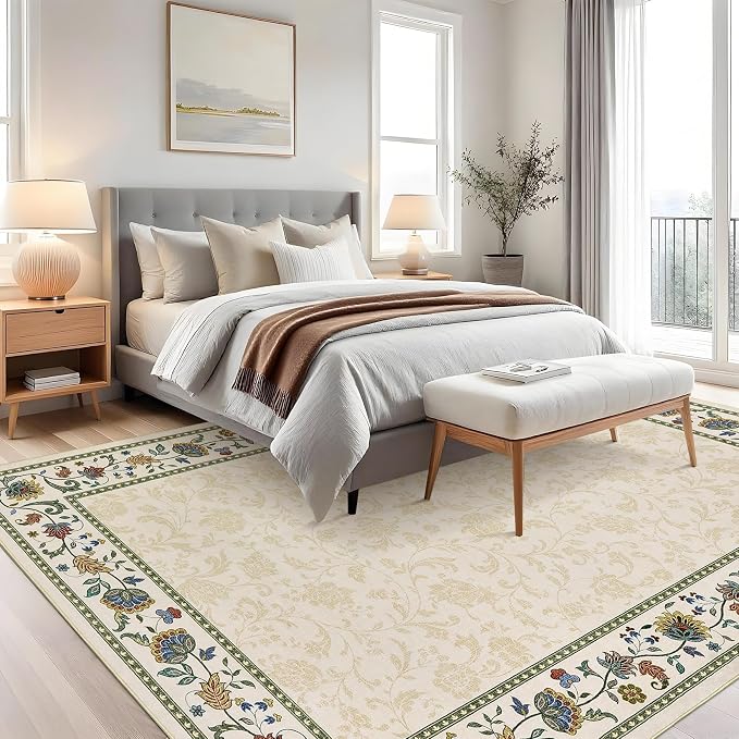 Garvee 8x10 Vintage Floral Washable Rugs for Living Room Bedroom Rug | Beige Boho Border Area Rug Stain Resistant Easy Cleaning Throw Rugs Low Pile Floor Cover for Nursery Dining Room Apartment