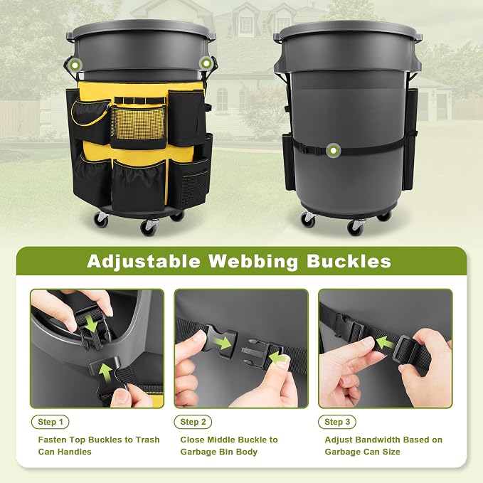 HODRANT 32-55 Gallon Trash Can Caddy Bag with Multi Pockets for Clean Tools | Garbage Bin Apron Caddy, Cleaning Tool Organizer with Adjustable Buckle for Janitorial Trash Can, Black+Yellow