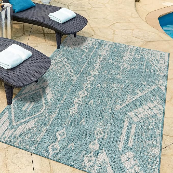 Unique Loom Outdoor Bohemian Collection Area Rug - Anthro (9' x 12' Rectangle, Light Aqua/ Ivory)