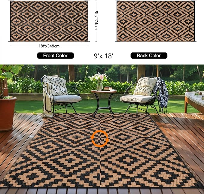 Outdoor Patio Plastic Straw Rug - 9x18 ft Outdoor Camping Rug Waterproof Reversible, Area Carpet Patios RV, Outside Porch Balcony Deck for Camper, Black & Brown