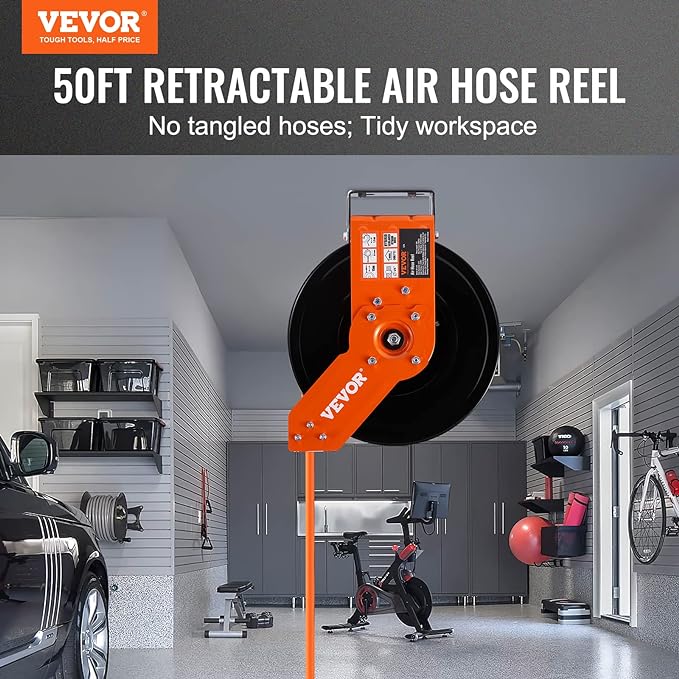 VEVOR Retractable Air Hose Reel, 3/8 IN x 50 FT Hybrid Air Hose Max 300PSI, Air Compressor Hose Reel with 5 ft Lead in, Ceiling/Wall Mount Heavy Duty Single Arm Steel Reel
