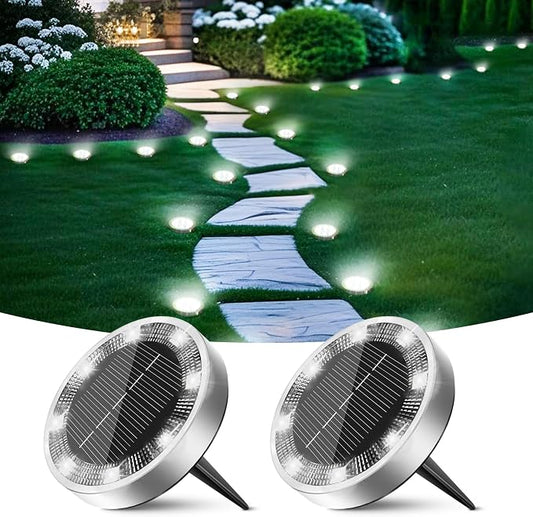 Peasur Solar Ground Lights Outdoor, 2 Pack Flat Solar Powered Disc Lights, IP68 Waterproof, Anti-Rust, Landscape Lighting for Pathway Garden Yard Lawn Walkway Landscape Driveway, Mini, Cool White