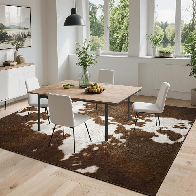 DweIke Cow Print Rugs for Living Room, 4x6 Soft Faux Animal Cowhide Area Rug, Washable Non-Slip Stain Resistant Throw Carpet for Dining Room Office Western Home Decor, Light Brown