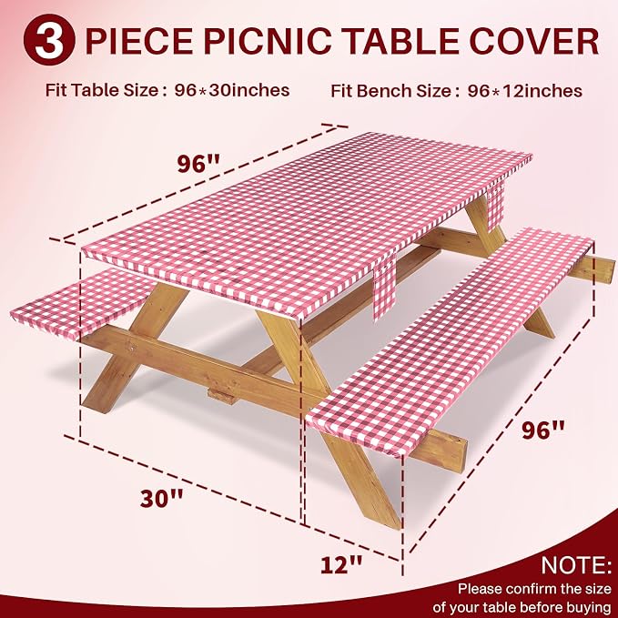 Jobunai Fitted Picnic Table Cover with Bench Covers Elastic Waterproof Outdoor Camping Tablecloth for 8 Foot Rectangle Tables Camper Summer Accessories Rv Car Essentials Vacation Gifts for Men Women