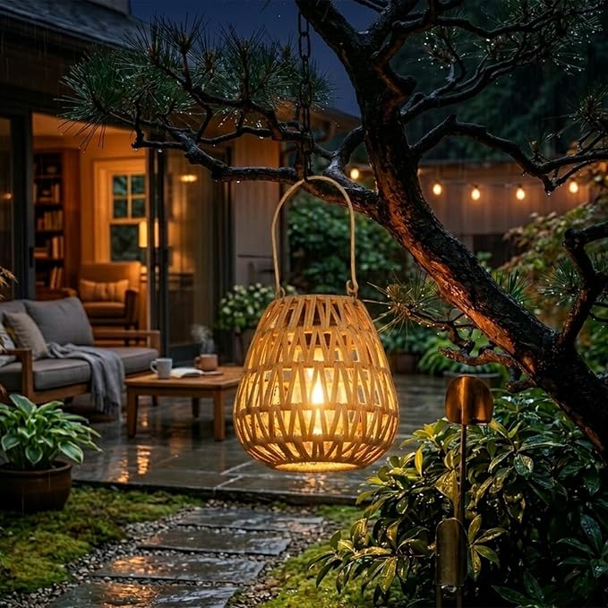 2 Pack Solar Lights Outdoor Waterproof, Rattan Solar Lantern, Hanging Outdoor Solar Lights for Yard, Outdoor Solar Lanterns Decorative, Garden Lights Solar Powered for Tree, Patio, Table Lantern Decor