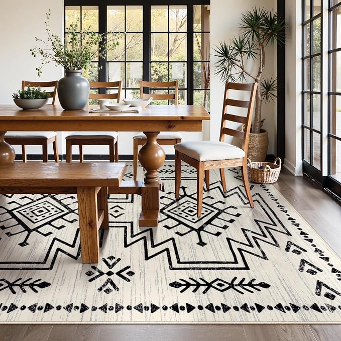 Lahome Moroccan Rug 8x10 for Living Room, Washable Western Rugs for Bedroom | Boho Soft Low Pile Carpet for Dining Room Table, Distressed Aztec Carpets for Office Home Decor (Ivory)