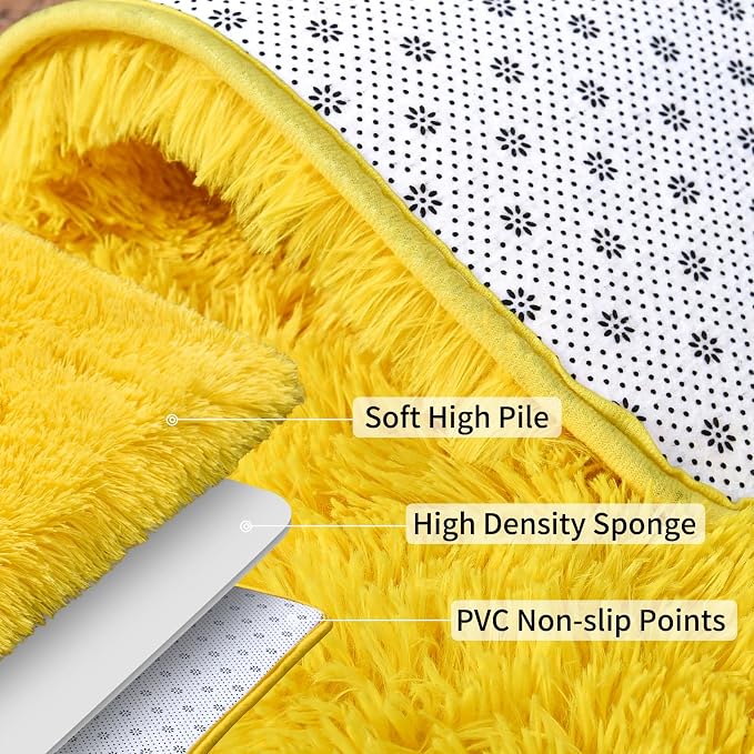 Soft Shag Fluffy Living Room Rug 5x7 Yellow Washable | Upgrade Non-slip, 5 x 7 Shaggy Rugs for Bedroom Nursery, High Pile Fuzzy Plush Carpet Kids Room Dorm, Flame Resistant