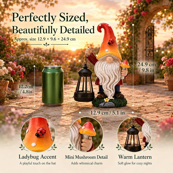 Solar Garden Gnome Statue : Mushroom Outdoor Lantern Decor | Waterproof Resin,Figurine Lights,Yard Lawn Porch Balcony Patio Home Decorations,Gifts for Mom Women Grandma