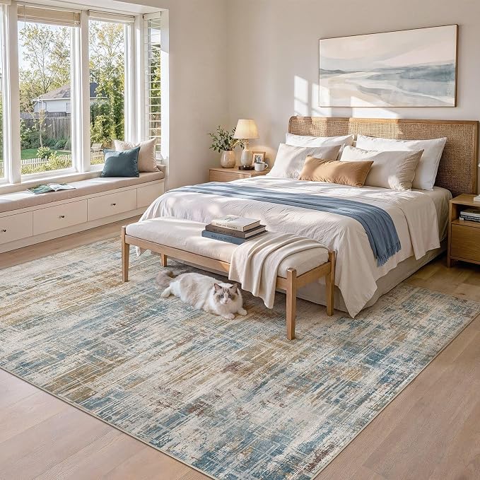 UERMEI 9x12 Area Rug for Living Room Washable Abstract Blue Brown Carpet | Low Pile Non-Slip Soft Neutral Modern Kid Pet Friendly Large Rugs For Bedroom Dining Room Nursery Office Indoor Decor