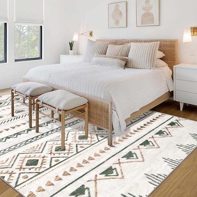 Area Rug 4x6 Geometric Rug: Washable Boho Moroccan Rugs Soft Farmhouse Rug, Modern Neutral Stain Resistant Indoor Floor Carpet for Living Room Bedroom Dining Table Nursery(Brown Green,4'x6')