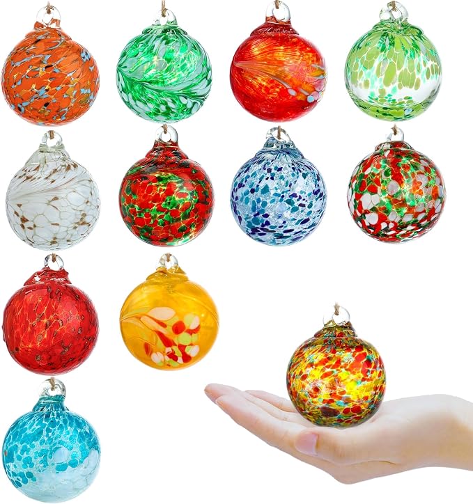 12Pcs Hand Blown Glass Ball Ornaments Hanging Gazing Balls Witches Balls