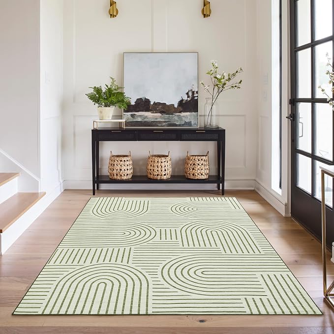 ROYHOME Modern Washable Rug 4x6 Area Rugs for Living Room Non Slip, Green | Abstract Rug for Bedroom, Rainbow Throw Rugs with Rubber Back, Low Pile Stain Resistant Geometric Carpet for Playroom Dorm