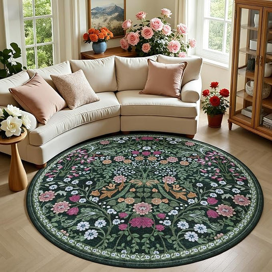 PLHXFR Round Area Rug Living Room: 6 ft Floral Washable Carpet Dark Green | For Bedroom Dining Room Farmhouse Nursery Hallway,Vintage Floral,Machine washable,Non Slip,Stain Resistant,Large Indoor