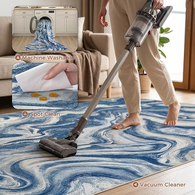 DMOYEST 9x12 Area Rug for Living Room Washable Abstract Indoor Carpet | Neutral Modern Low Pile Rugs Kid & Pet Friendly Large Soft Thin Carpet for Bedroom Dining Room and Office - Navy Blue