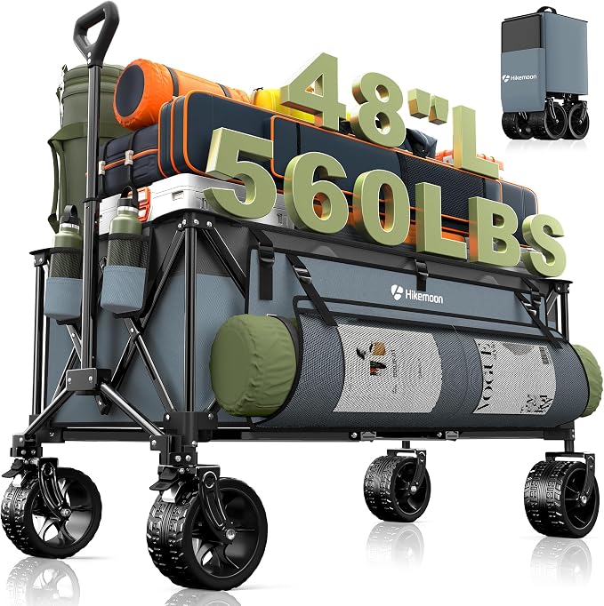 Hikemoon 300L Extra Large Wagons Carts Foldable, 560LBS Heavy Duty Collapsible Beach Wagon 48" Long with Big All-Terrain Wheels, Utility Folding Cart for Camping, Grocery, Sports, Garden, Blue & Grey