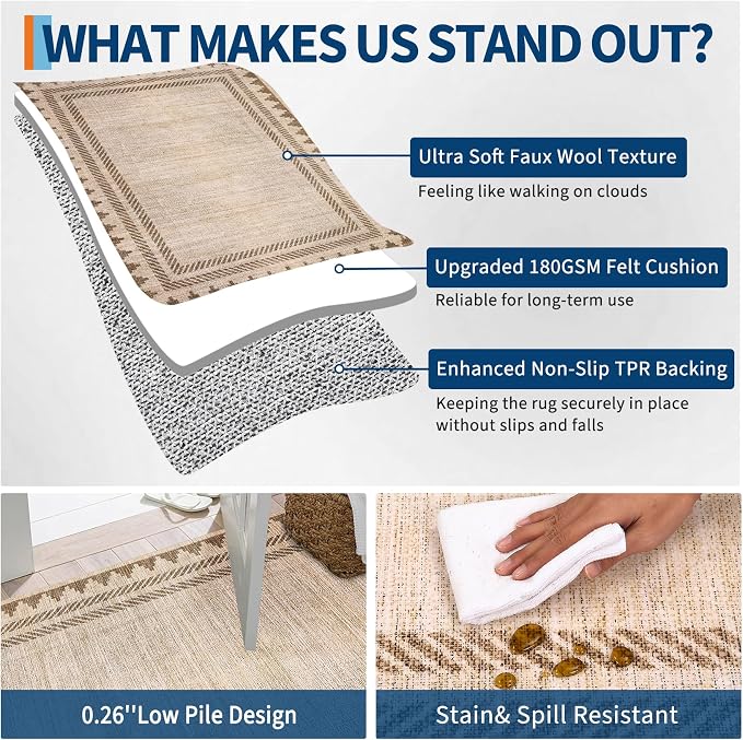 Area Rug 9x12 Modern Solid Rug with Non Slip TPR Backing, Unique Bordered Neutral Washable Carpet, Soft Stain-Resistant Floor Covering, Non Shedding Low Pile Neutral Mat for Open Spaces Office, Tan