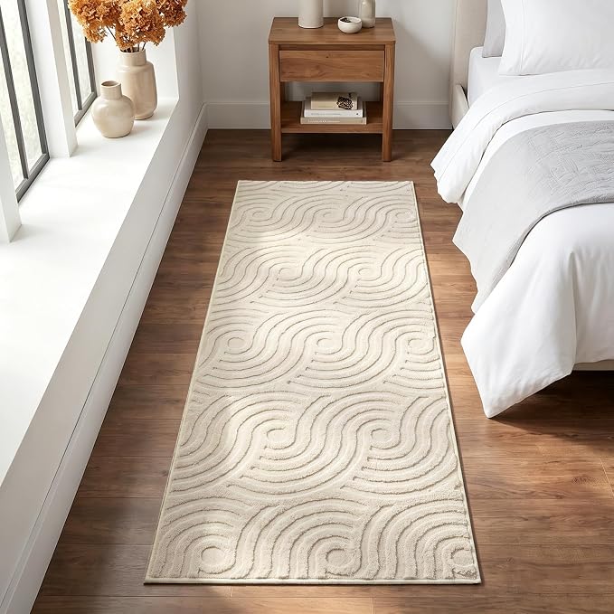 Etwel 2x6 Beige Modern Abstract Textured High-Low Pile Washable Runner Rug | Soft Carpet, Non-Slip PVC Backing, Low Profile, Kid and Pet Friendly, for Kitchen, Entryway, Hallway, Bedroom