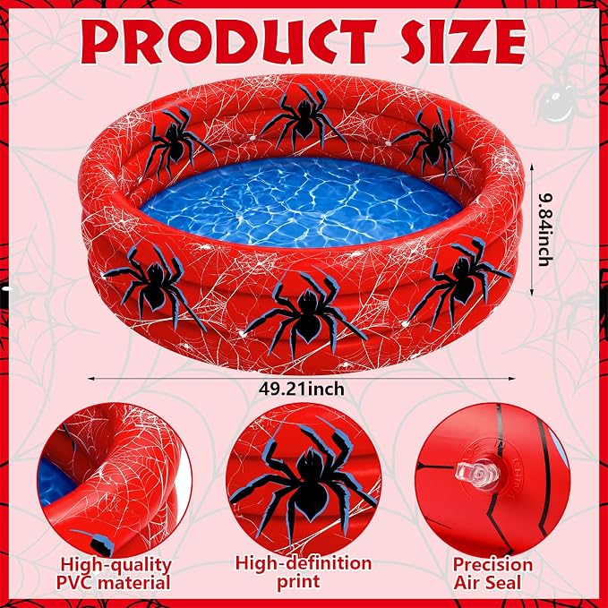 Arrowbash Spider Inflatable Pool 49" x 10" Red Spiderweb Swimming Pool | 3 Ring Design for Boys Girls, Spiderweb Pattern, Portable Blow up Pool, Summer Backyard Water Splash, Indoor Outdoor