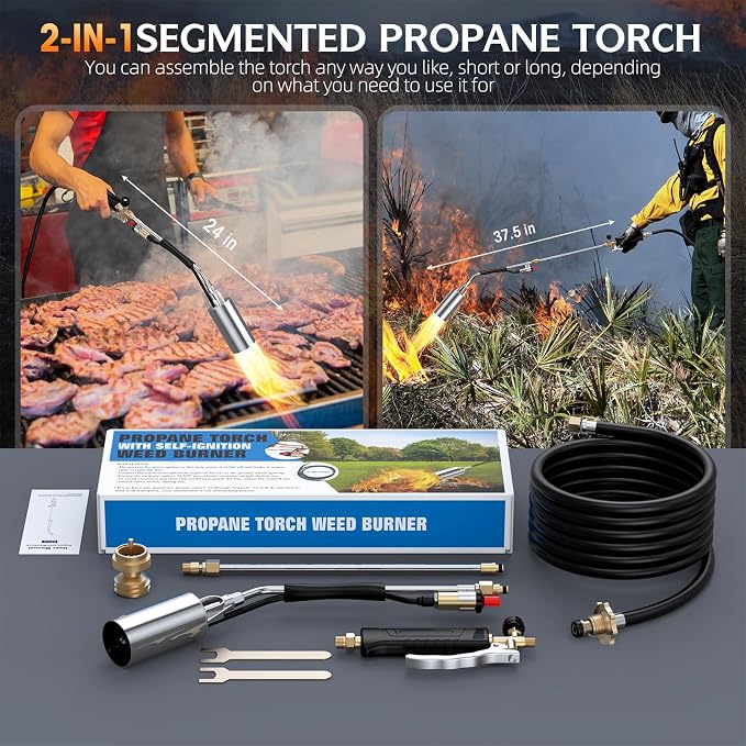 Propane Weed Torch Burner with 11.5FT Hose, Self-Igniting Heavy Duty Flame Weeder with Turbo Trigger, Adjustable Outdoor Torch for Driveway, Garden, Yard, Ice and Snow (Black)
