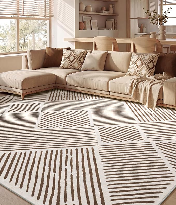 8‘x10' Washable Brown and Cream Area Rug for Living Room | Non-Slip, Soft, Low Pile, Stain Resistant, Large Farmhouse Geometric Tan Stripe Rug for Bedroom Dining Room
