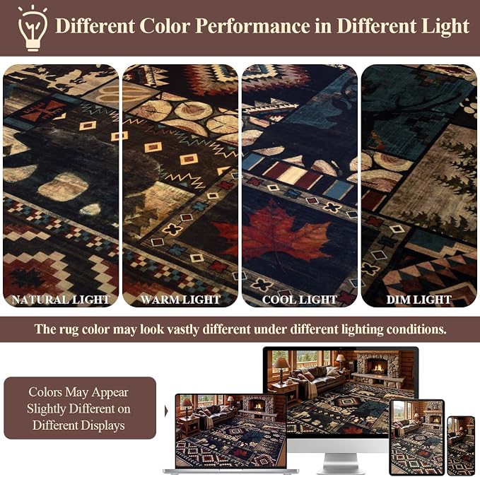 LOKHOM 8x10 Rustic Bear Area Rug, Washable Southwestern Lodge Cabin Rug | Bear Pattern, Non-Slip, Low Pile, Soft Vintage Wildlife Accent Floor Carpet, For Living Room Bedroom Dining Room Nursery