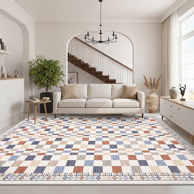 GarveeHome 10x13 Area Rug for Large Living Room Modern Colorful Checkered | Throw Rug for Luxury Bedroom Contemporary Premium Floor Carpets Machine Washable Non-Slip Low Pile for Classroom Playroom