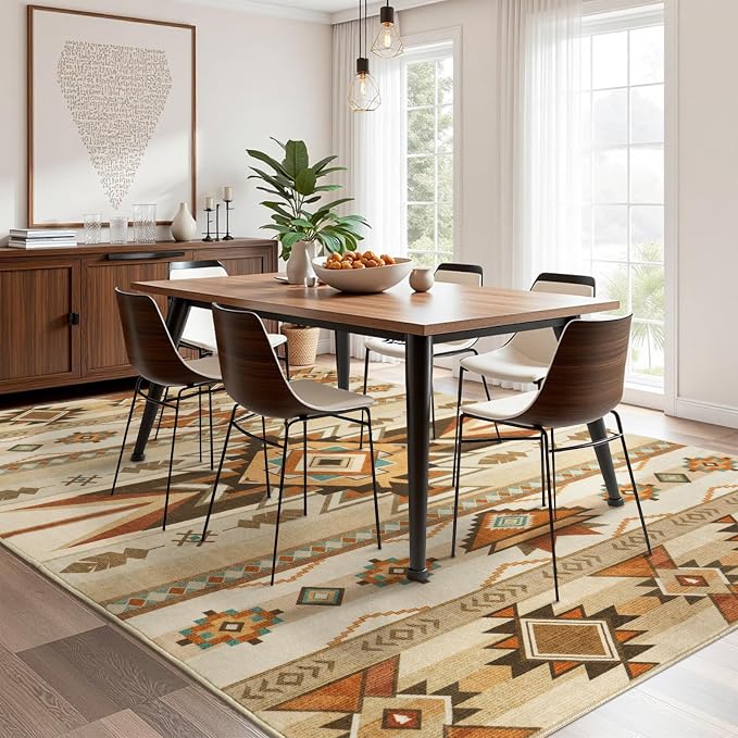 6x9 Western Rustic Aztec Area Rug for Living Room Bedroom Dining Room Beige | Southwestern Tribal Beige Low Pile Faux Wool Rug, Machine Washable Non-Slip Carpet for Living Room Dining Bedroom