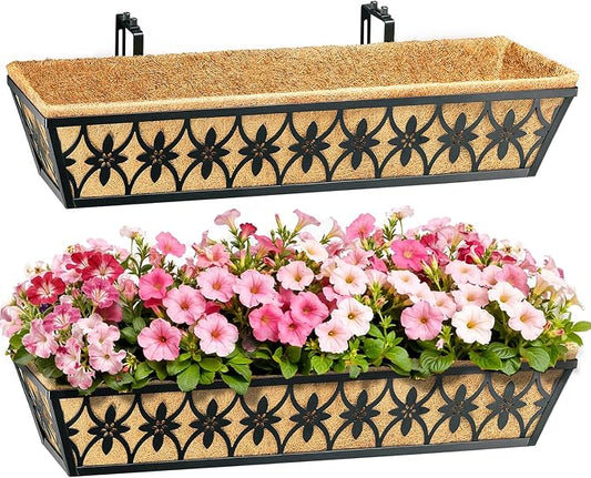 30 Inch Window Boxes Planters Railing Planter Box - 2 Pack Deck Railing Planter Boxes with Adjustable Brackets Coco Liners Balcony Planters Railing Hanging for Window Flower Boxes Outdoor Garden Decor