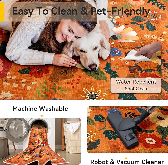 RELEANY Floral Washable 8x10 Area Rugs BurntOrange | Flower Carpet, Print, Boho, Non-Slip, Easy to Clean, Soft, Low Pile for Living Room Bedroom Kitchen Office Entryway Hallway