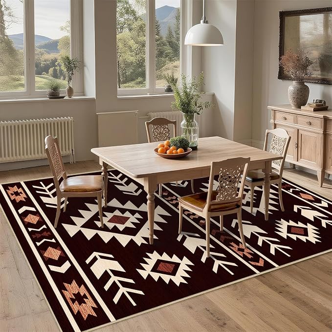 Area Rug 5x7 Western Rug Living Room Southwestern Aztec Tribal Rugs Southwest Navajo Machine Washable Non-Slip Printed Low-Pile Floor Carpet for Bedroom Dining Room Office, Red Brown