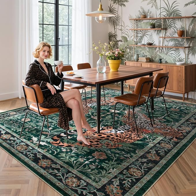 Moynesa Leopard Washable Rugs, 8x10 Area Rugs for Living Room, Soft Large Jaguar 8x10 Bedroom Rug, Non Slip Ultra Thin Floor Carpet for Dining Room Home Office, Green