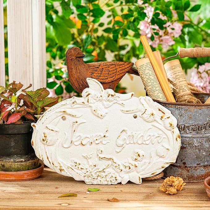 Sungmor Vintage Cast Iron “Secret Garden” Sign - Shabby Chic White Wall Plaque, Outdoor Garden Decorative Sign, French Country Cottage Wall Décor for Fence, Gate, or Patio, Distressed Rustic Finish