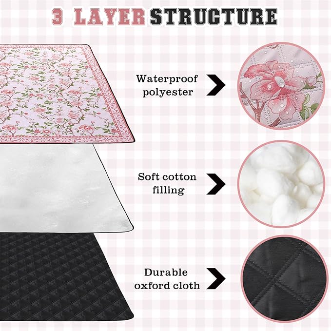 Newwiee 80 x 80 Inch Pink and Green Floral Picnic Blanket Extra Large Outdoor Chinoiserie Picnic Mat with Carry Strap Waterproof Sandproof Blanket Foldable Portable for Beach Camping Grass Lawn Park
