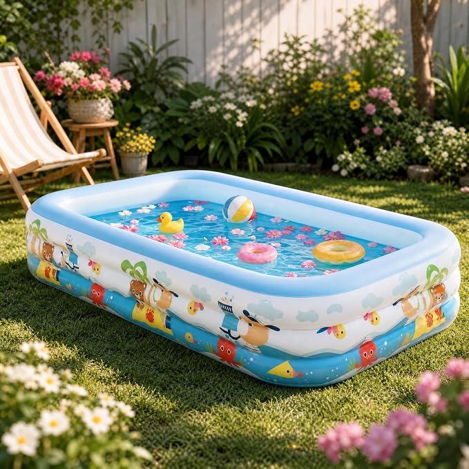 Heavy Duty 3-Ring Inflatable Family Pool 118x69x21 Inches Blow Up Swimming Pool for Backyard Garden Summer Water Party