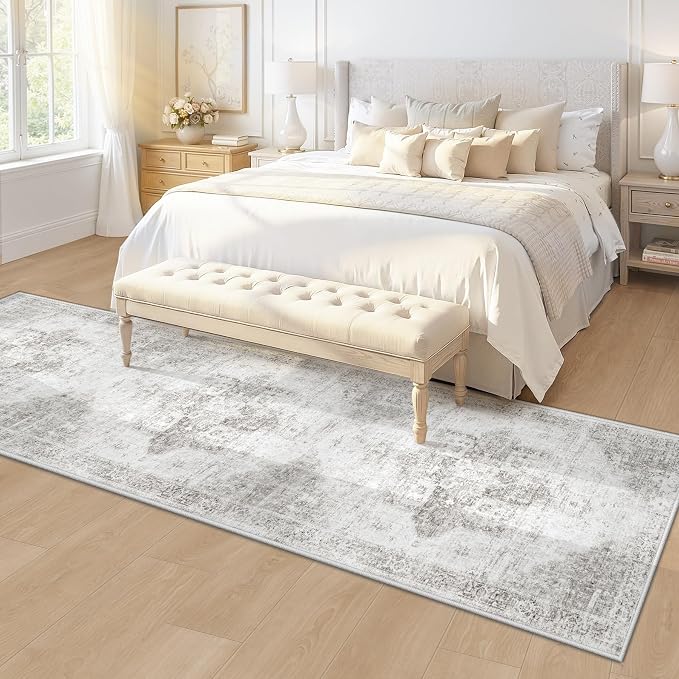 Runner Rug 2x8 Washable Rug, Vintage Boho Medallion Hallway Runner Non-Slip Soft Low Pile Distressed Floor Carpet Retro Doormat for Kitchen Bedroom Laundry Entryway Bathroom (Grey, 2'x8')