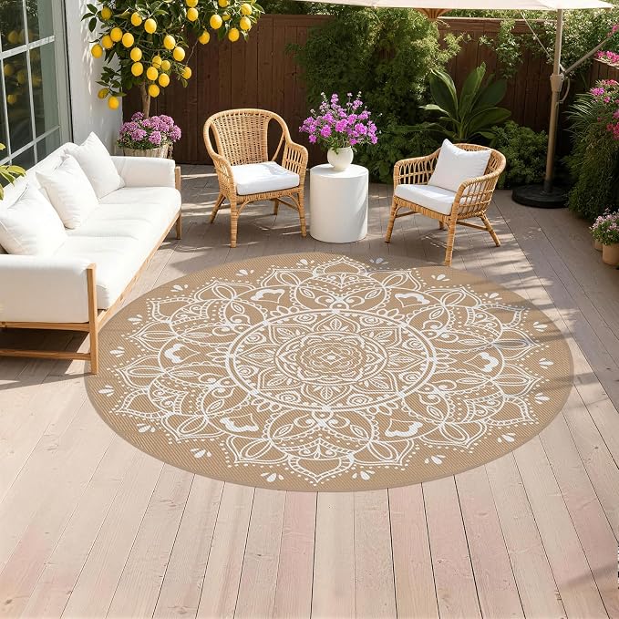 Pauwer Waterproof Outdoor Rug 8ft, Reversible Plastic Straw Patio Camping Rug, Indoor Outdoor RV Mat Carpet for Deck, Camper, Porch, Balcony, Backyard, Picnic, Floral Brown