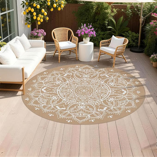Pauwer Waterproof Outdoor Rug 8ft, Reversible Plastic Straw Patio Camping Rug, Indoor Outdoor RV Mat Carpet for Deck, Camper, Porch, Balcony, Backyard, Picnic, Floral Brown