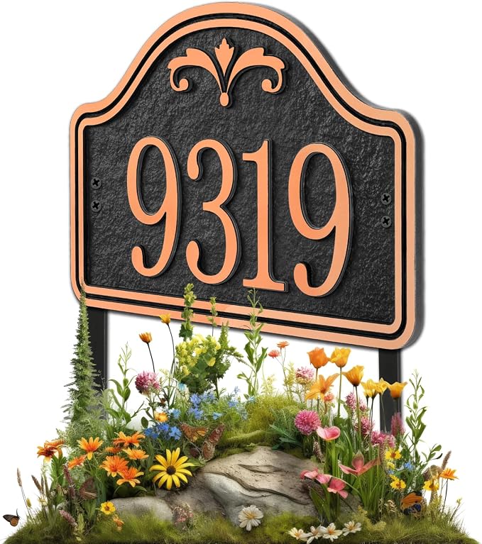 Personalized Lawn Address Plaque Sign with Stakes - House Address Signs for Outside Use for House,Apartment,Office,Yard (Black/Red Copper)