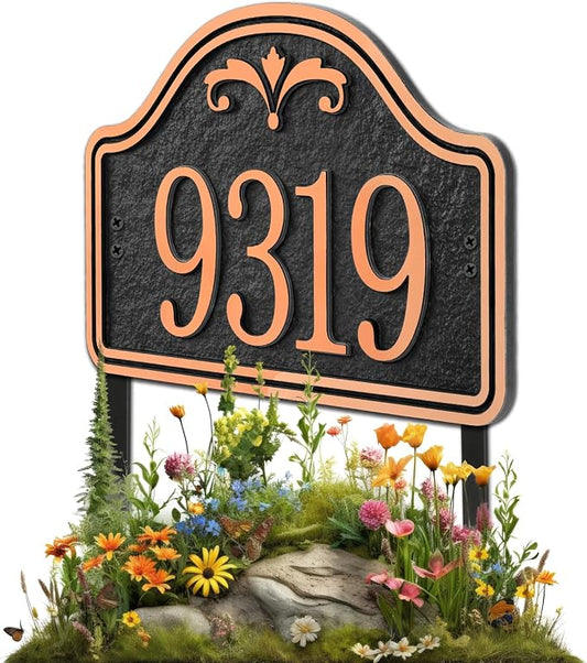 Personalized Lawn Address Plaque Sign with Stakes - House Address Signs for Outside Use for House,Apartment,Office,Yard (Black/Red Copper)