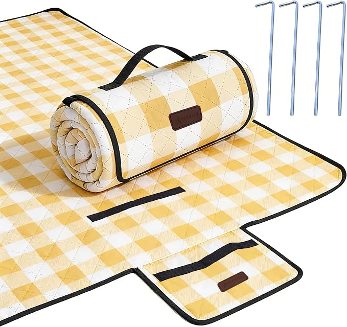 HX&OD Outdoor Picnic Blanket, Extra Large, 80''x60'' Waterproof Foldable Blankets Gingham Picnic Mat for Beach, Camping Grass Lawn Park Accessories Cute Couple Ideas Wedding (Yellow, 80”x60”)