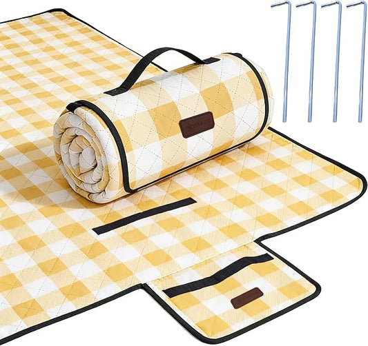 HX&OD Outdoor Picnic Blanket, Extra Large, 80''x60'' Waterproof Foldable Blankets Gingham Picnic Mat for Beach, Camping Grass Lawn Park Accessories Cute Couple Ideas Wedding (Yellow, 80”x60”)