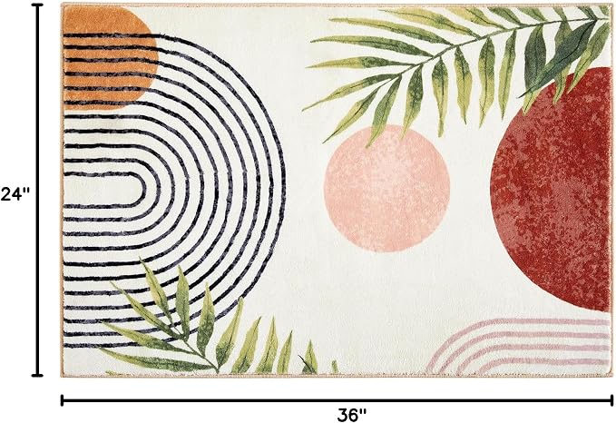 RoomTalks Boho Cute Bathroom Rugs Bath Mat Non Slip Washable, Modern Abstract Geometric Shape with Tropical Leaves 2x3 Small Area Rug for Bedroom Kitchen, Neutral Contemporary Retro Indoor Entry Rug