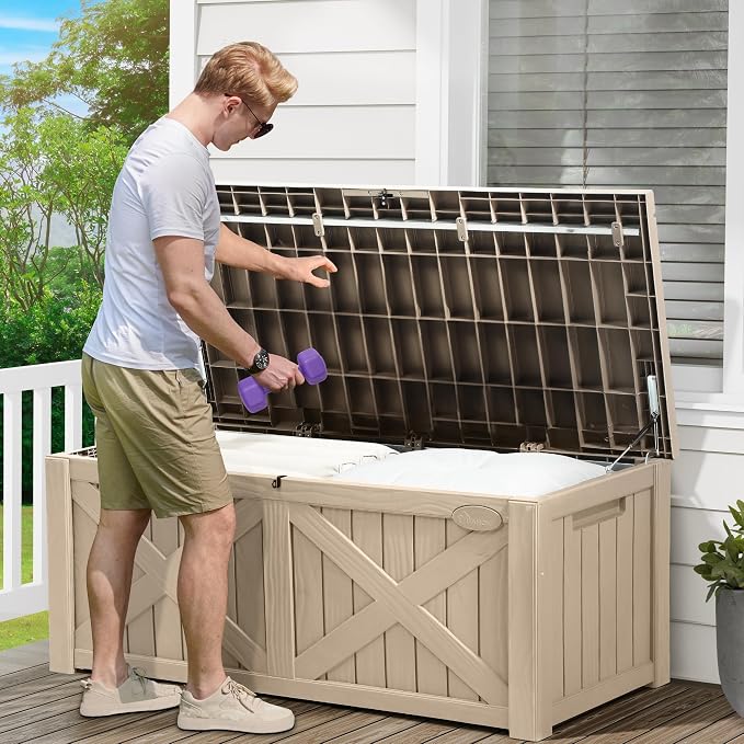 YITAHOME 150 Gallon Large Outdoor Storage Box with X-Shaped Front, Waterproof Resin Deck Box Cushion Storage Bench for Patio, Pool Supplies, Garden Tools- Lockable, Taupe